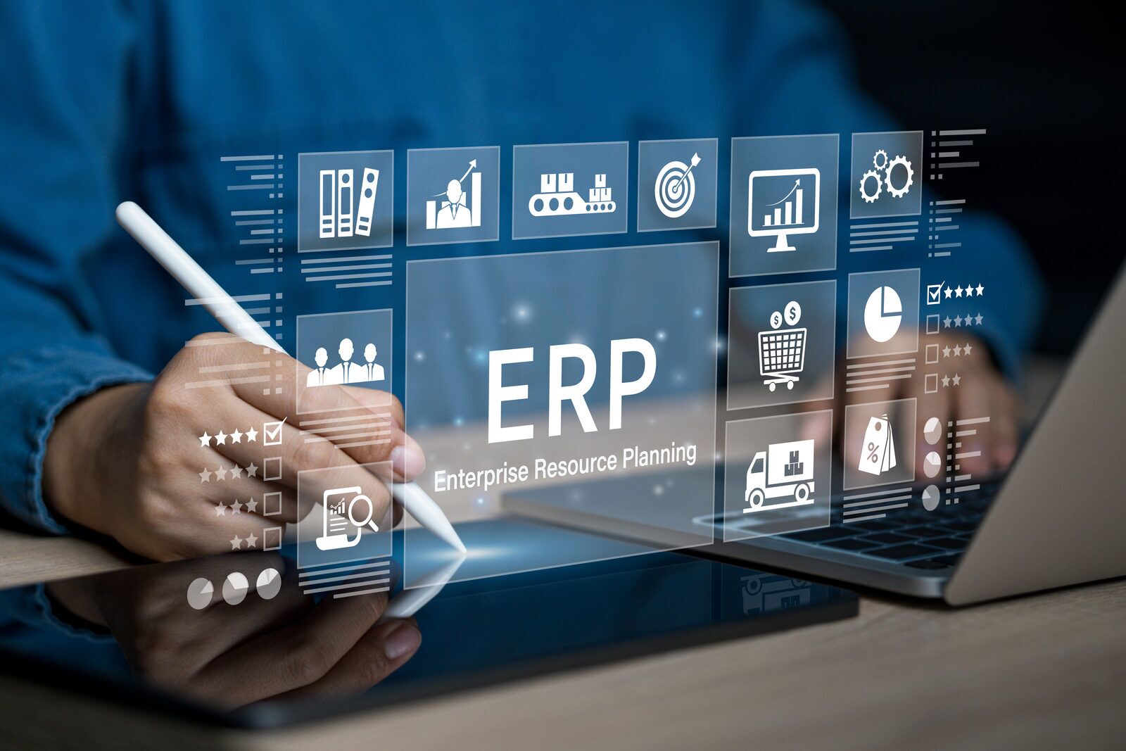 Enterprise resource planning on tablet and laptop