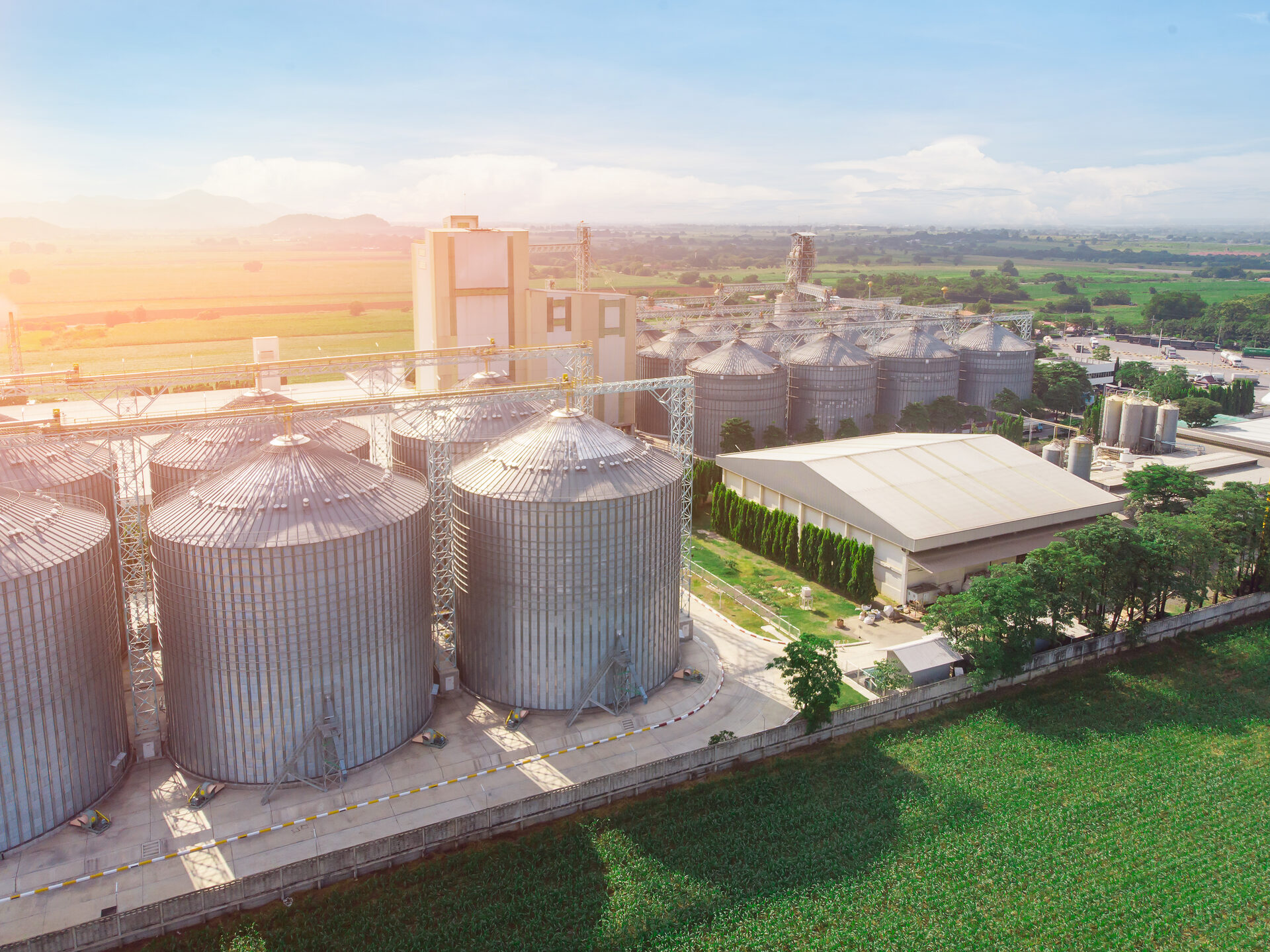 Aerial view of agricultural silos and grain storage